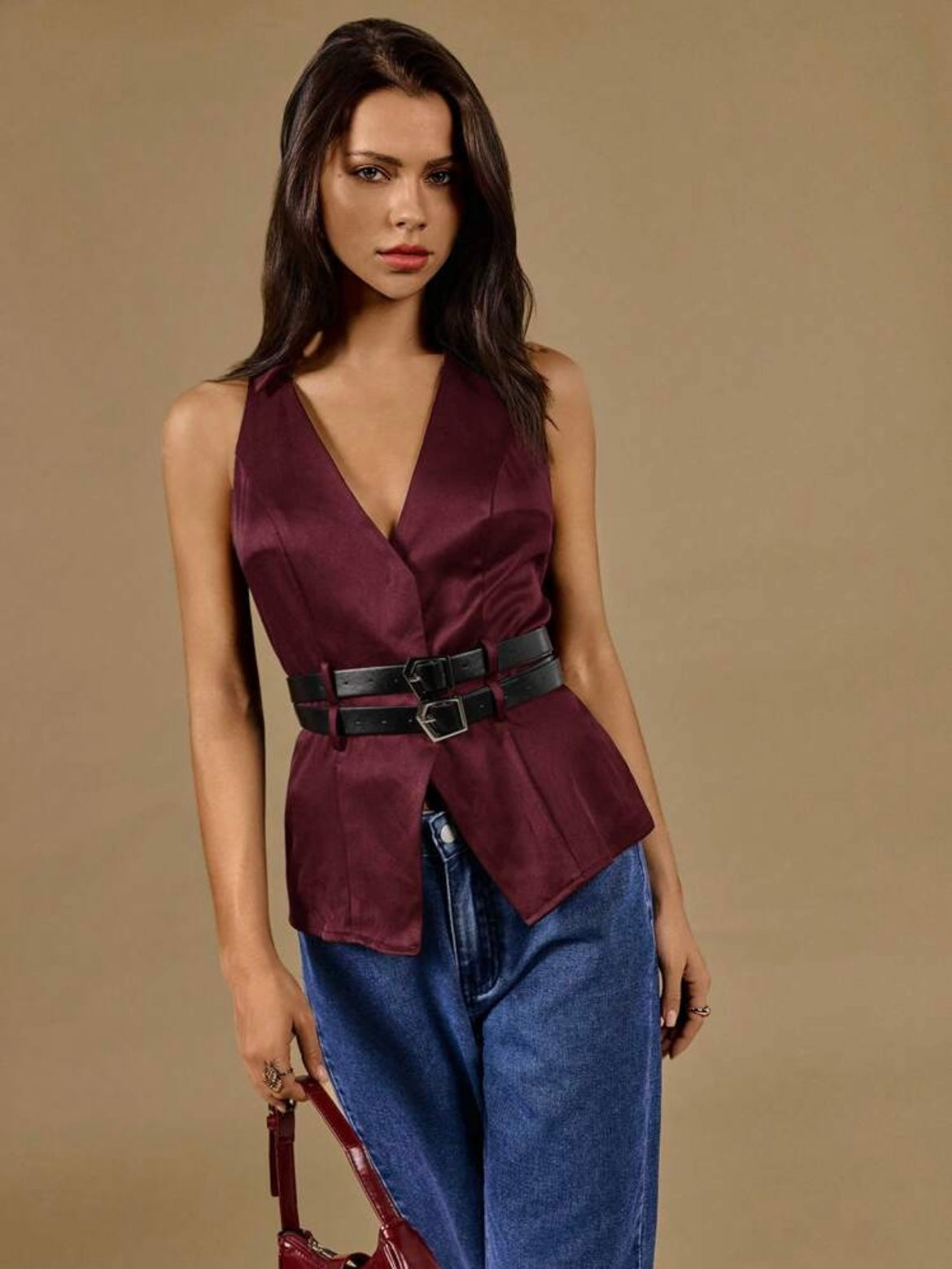 CM-TS250815 Women Casual Seoul Style Solid Color V-Neck Belted Sleeveless Blouse - Burgundy