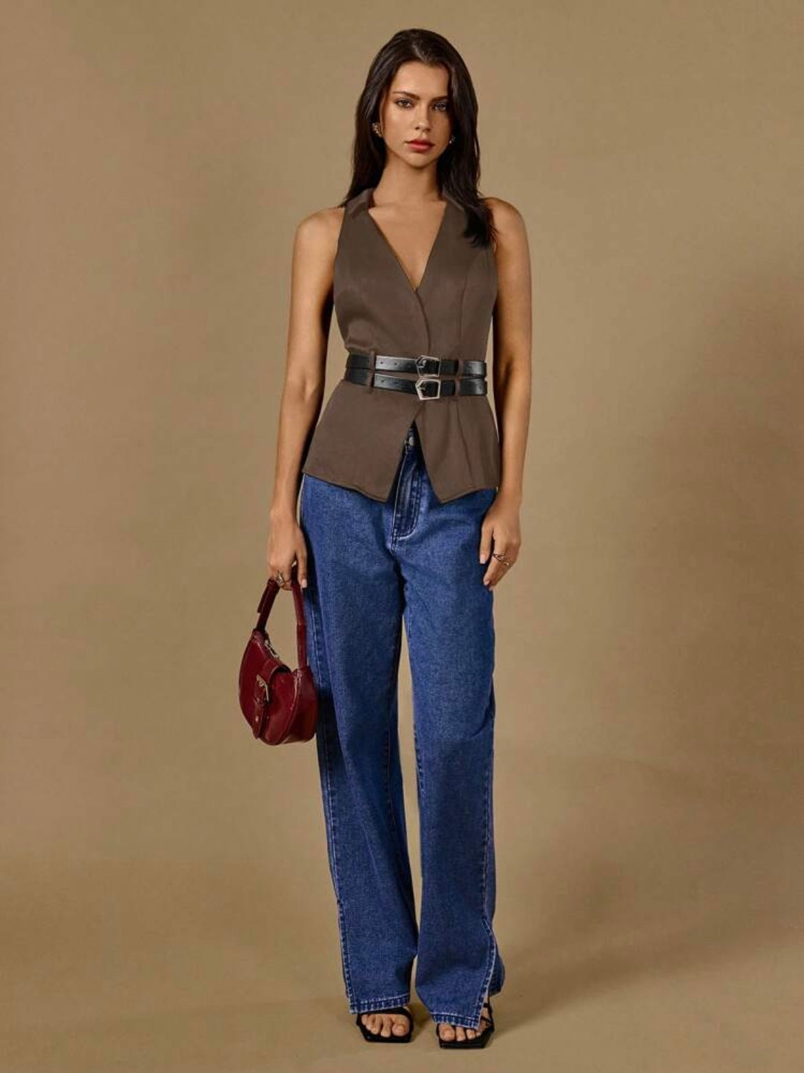CM-TS239048 Women Casual Seoul Style Solid Color V-Neck Belted Sleeveless Blouse - Coffee Brown
