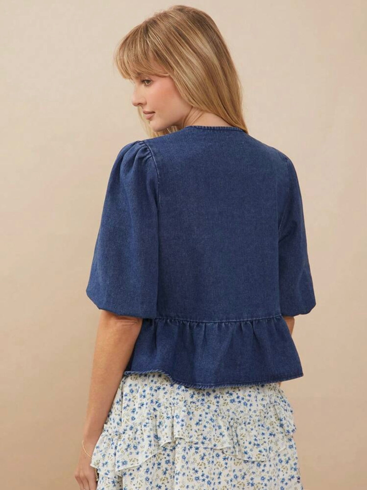 CM-TS940816 Women Casual Seoul Style Elastic Sleeves And Peplum Waist Denim Tie-Front Tops