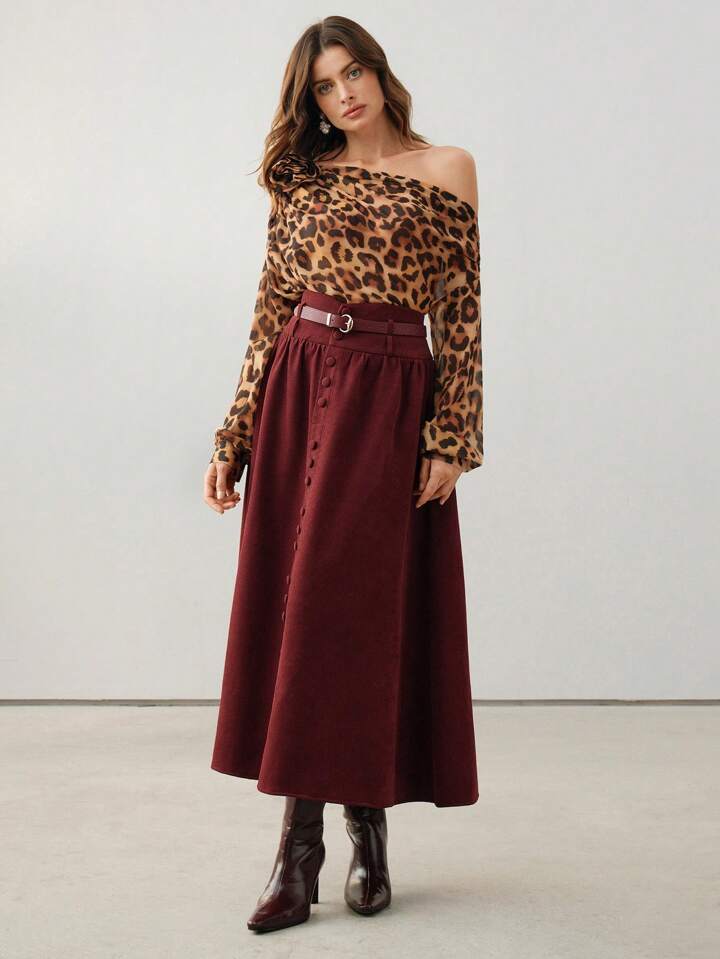 CM-BS566170 Women Elegant Seoul Style Suede Belted A-Line High Waist Maxi Skirt - Burgundy