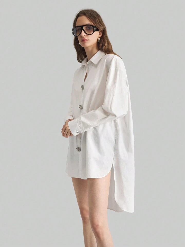 CM-TS195759 Women Casual Seoul Style Collar Neckline Drop Shoulder Asymmetrical Blouse - White