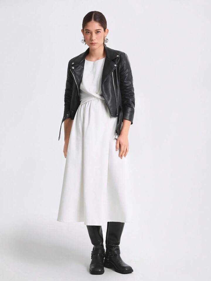CM-DS931041 Women Casual Seoul Style Round Neck Sleeveless High Waist Loose Denim Dress - White