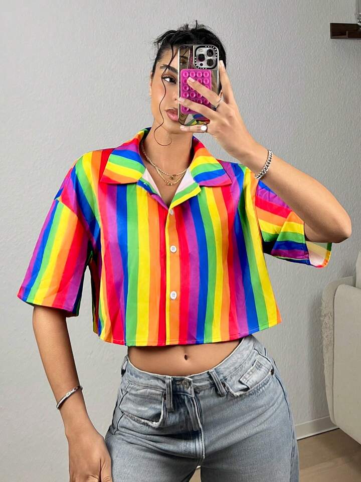 CM-TS108686 Women Casual Seoul Style Rainbow Striped Drop-Shoulder Short Sleeve Shirt