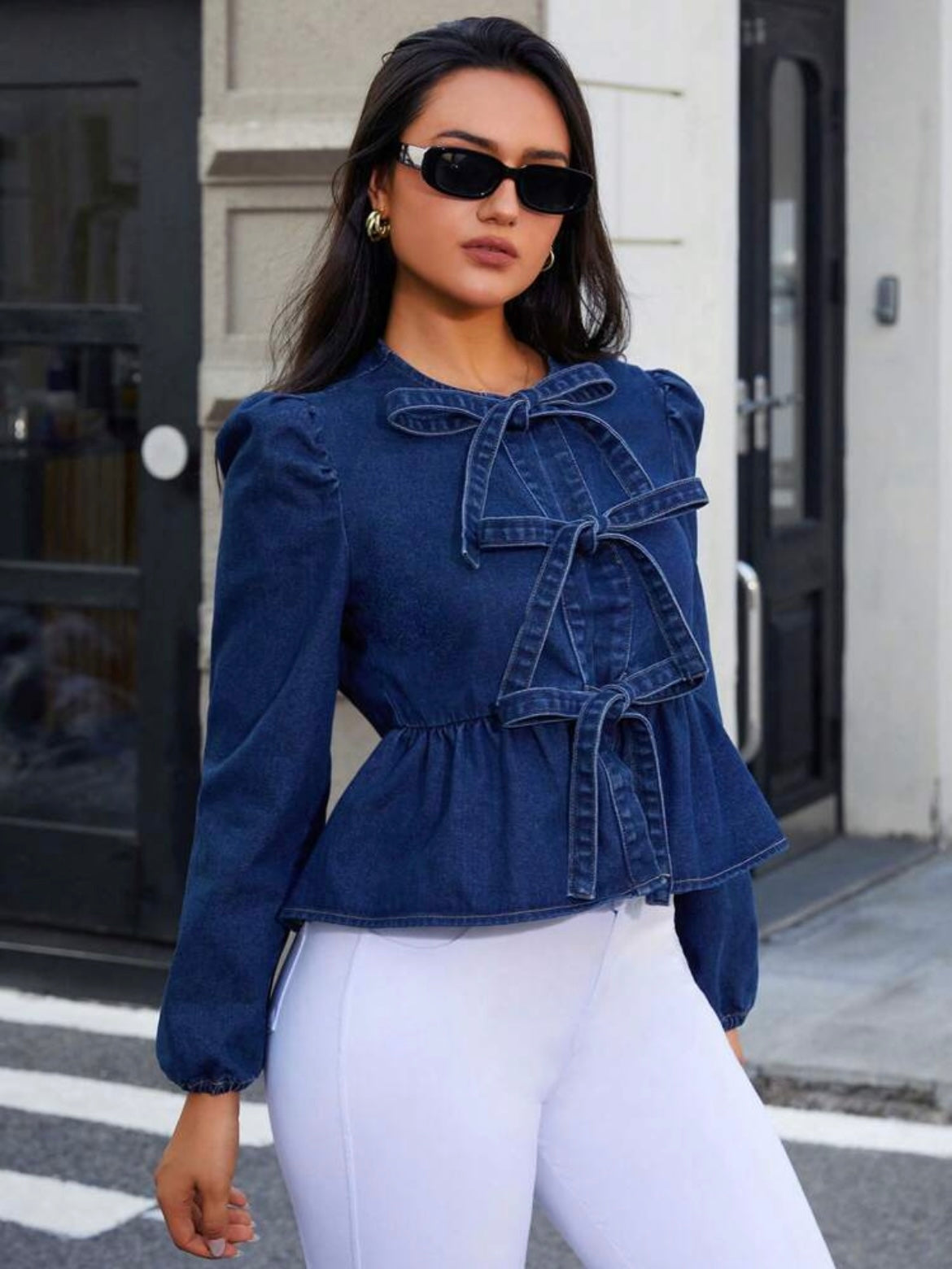 CM-TS244043 Women Casual Seoul Style Dark Wash Round Neck Bow Decor Long Sleeve Denim Blouse
