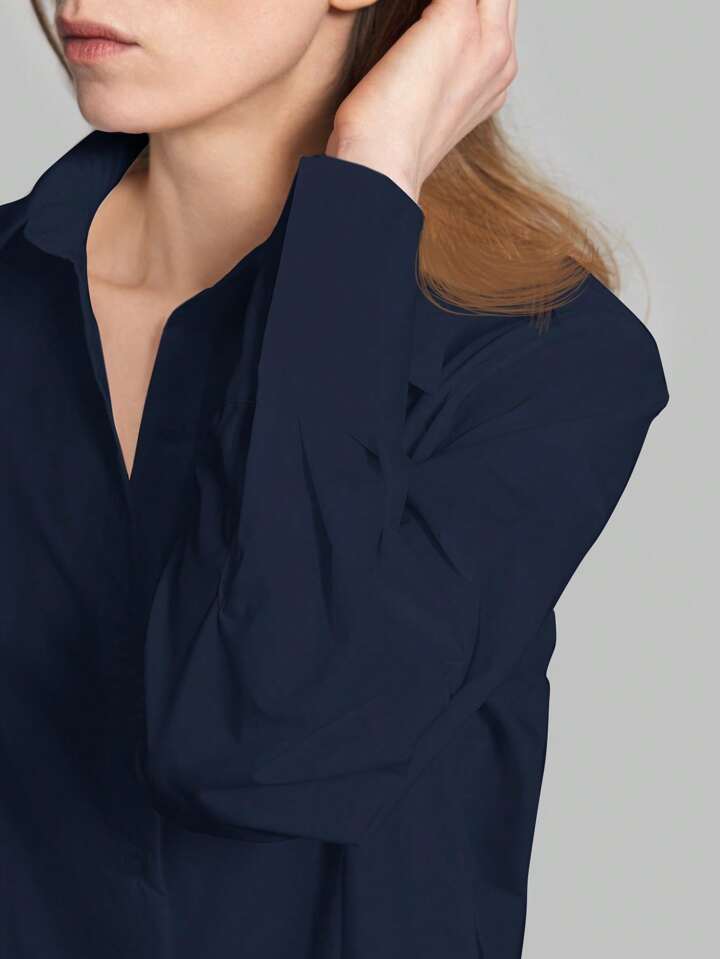 CM-TS896861 Women Casual Seoul Style Shirt Collar Long Sleeve Front Button High Slit Long Shirt - Navy Blue