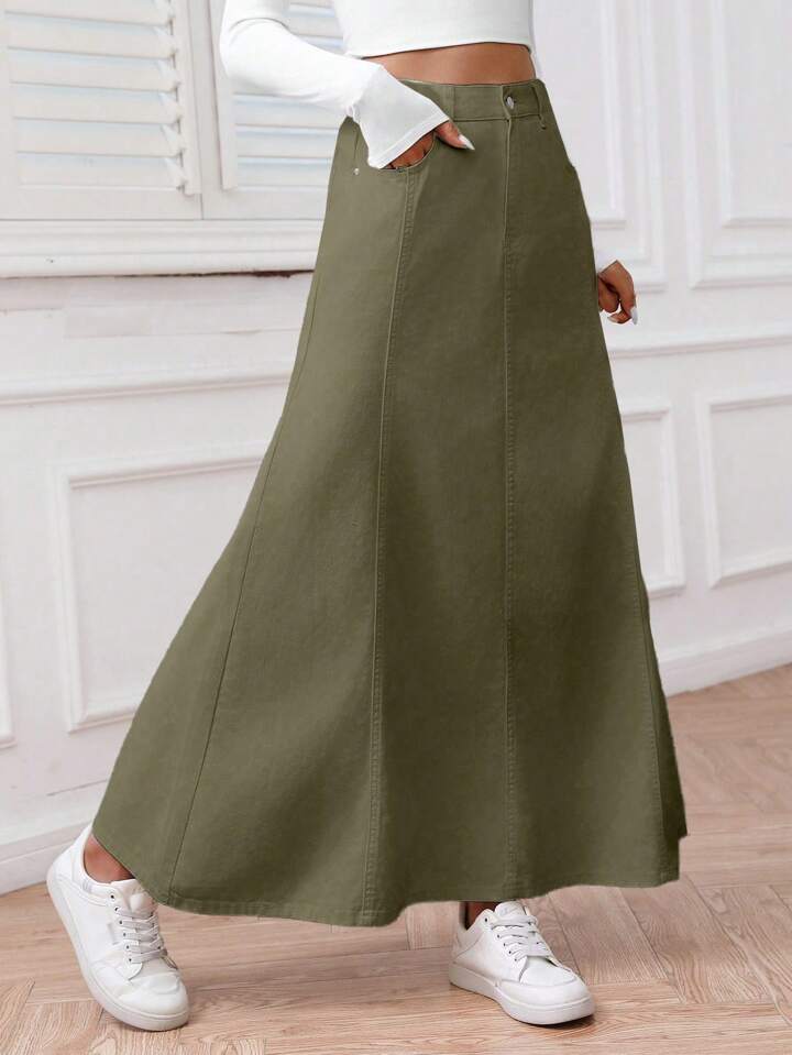 CM-BS551781 Women Casual Seoul Style Solid Color Front Button Pocket Denim Midi Skirt - Army Green