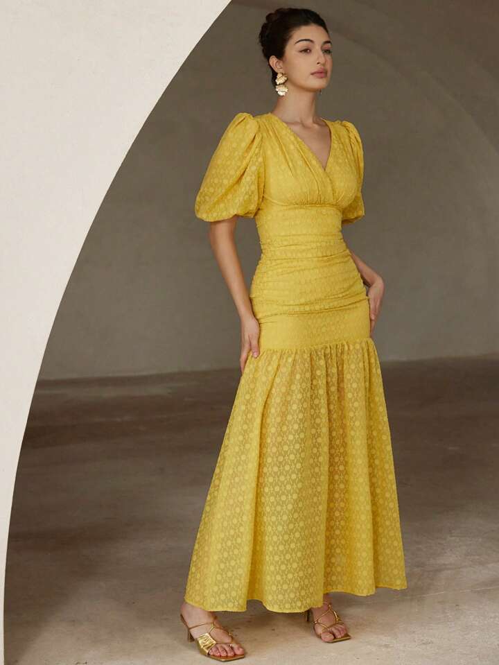 CM-DS315420 Women Elegant Seoul Style Chiffon Cut-Out V-Neck Puff Sleeve Ruffle Bodycon Dress - Yellow