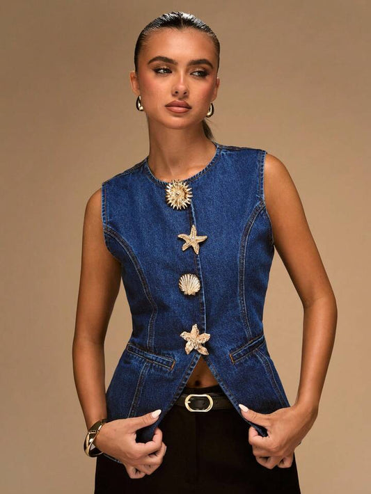 CM-TS035848 Women Casual Seoul Style Light Wash Round Neck Sleeveless Metal Special-Shaped Button Decorated Denim Vest