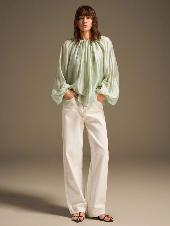 CM-TS744293 Women Casual Seoul Style Round Neck Long Sleeve Semi-Sheer Oversized Silk Shirt - Mint Green