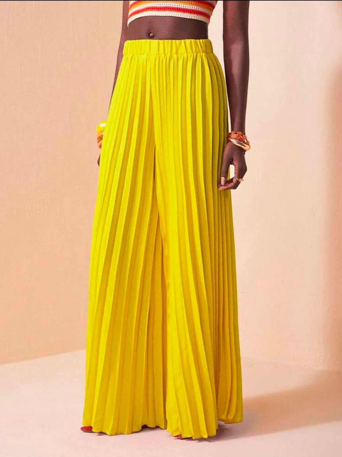CM-BS848167 Women Trendy Bohemian Style Elastic Waist Pleated Large Hem Extra Long Wide Leg Pants - Yellow