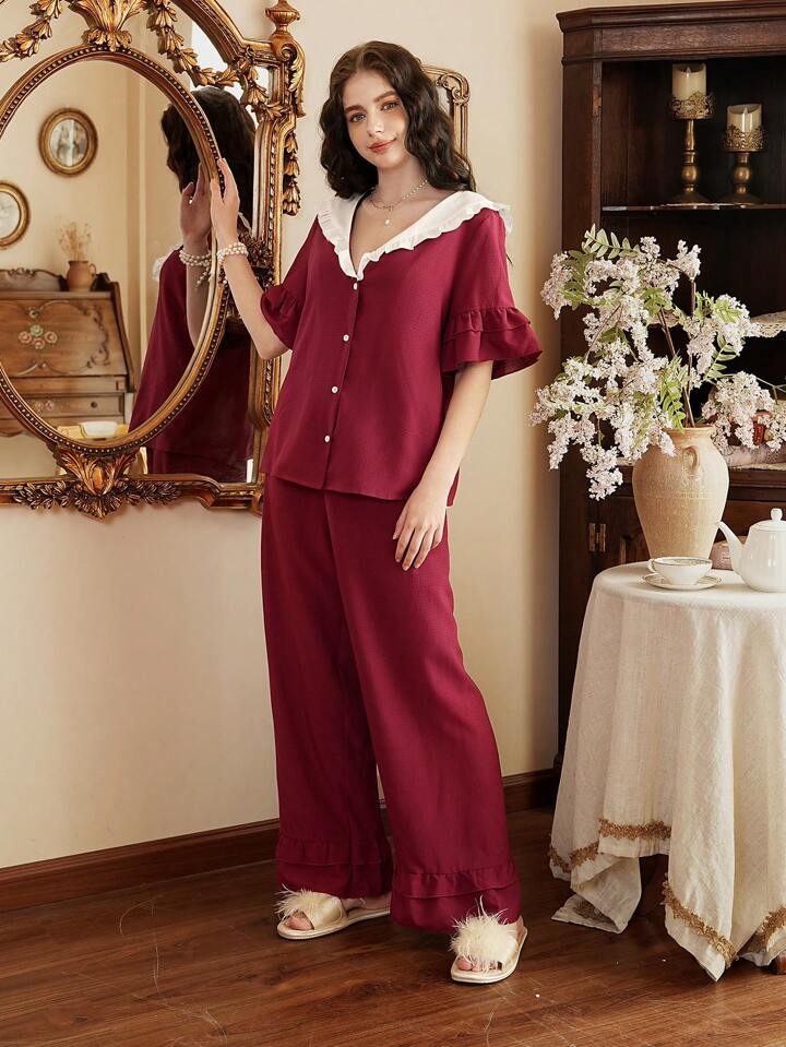 CM-LS043240 Women Trendy Seoul Style Peter Pan Collar Colorblock Ruffled Trim Pajama Set - Burgundy
