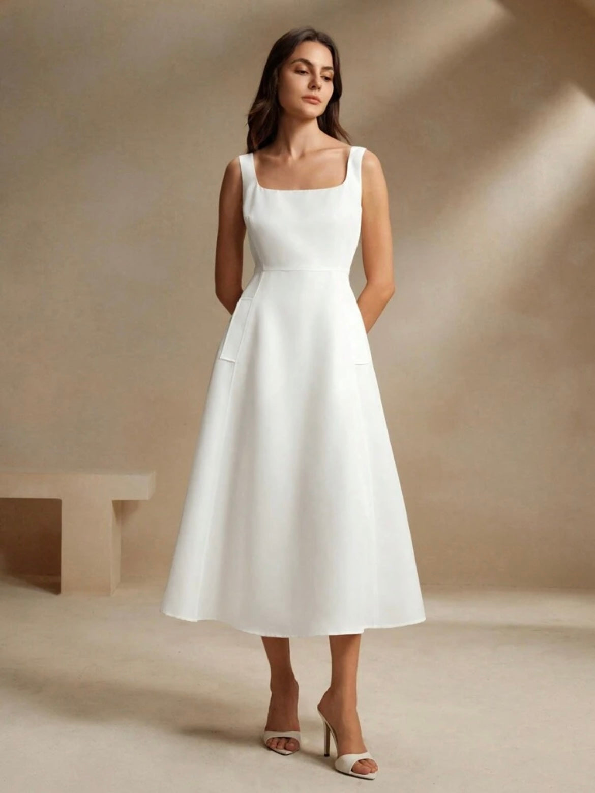 CM-DS341609 Women Elegant Seoul Style Square Neck Strap A-Line Cinched Waist Flattering Dress - White
