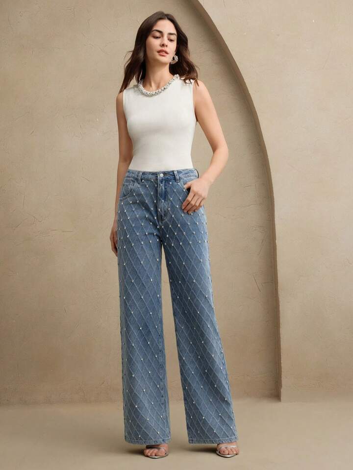 CM-BS388817 Women Elegant Seoul Style Mid Waist Beaded Embellished Straight Leg Jeans - Blue