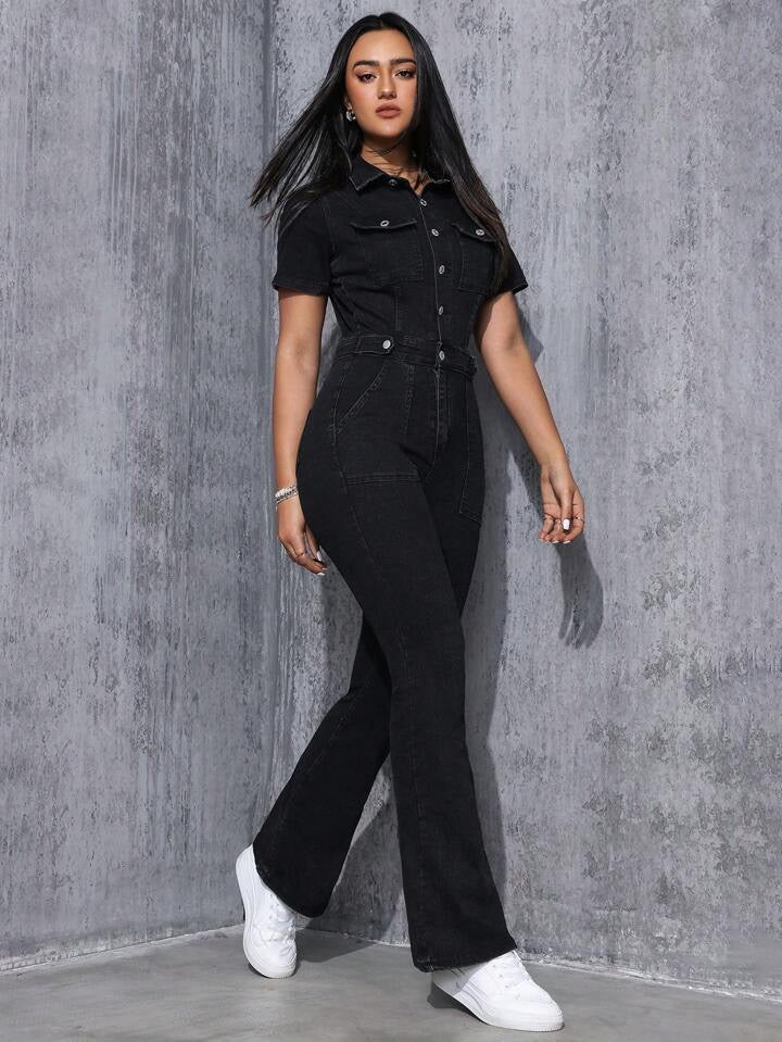 CM-JS929897 Women Casual Seoul Style Collar Neckline Button Fly Flared Legs Denim Jumpsuit - Black