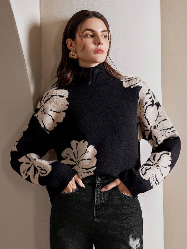 CM-CS877373 Women Casual Seoul Style Stand Collar Long Sleeve Floral Rhinestone Embellished Sweater