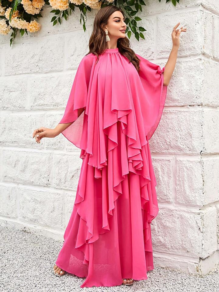CM-DS814845 Women Elegant Seoul Style Ruffle Trim Batwing Sleeve Chiffon Dress - Hot Pink