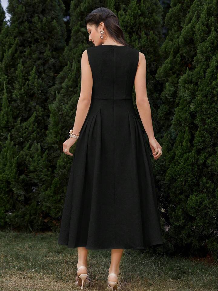 CM-DS541324 Women Elegant Seoul Style Solid Color Sleeveless Pleated A-Line Midi Dress - Black