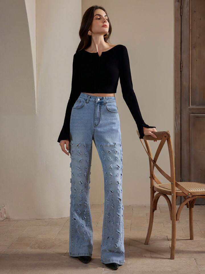 CM-BS416899 Women Casual Seoul Style High Waist Skinny Flared Leg Jeans - Blue