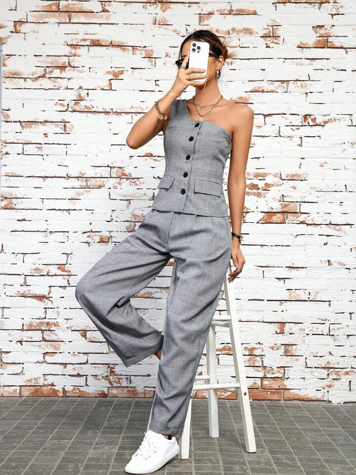 CM-SS447032 Women Elegant Seoul Style Monochrome Asymmetric Shoulder Top With Pocketed Trousers - Set