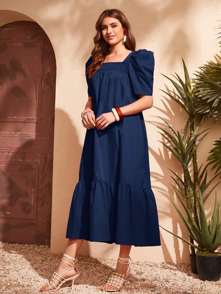 CM-DS943684 Women Casual Seoul Style Puff Sleeve Ruffle Hem Smock Dress - Navy Blue