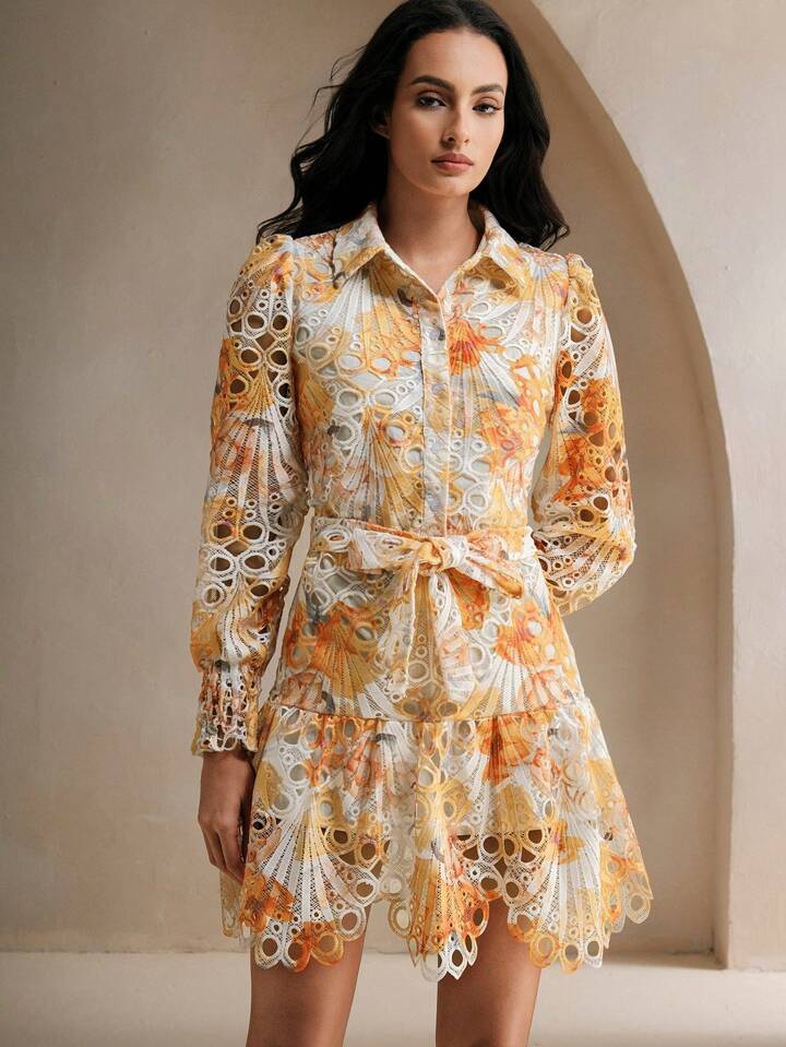 CM-DS592268 Women Trendy Bohemian Style Collared Long Sleeve Tie-Up Floral Hollow-Out Two-Layer Dress
