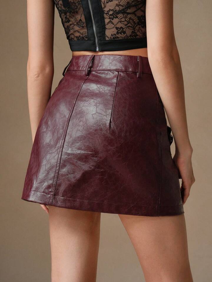 CM-BS212248 Women Casual Seoul Style 3D Floral Decor PU Leather Mini Skirt - Burgundy