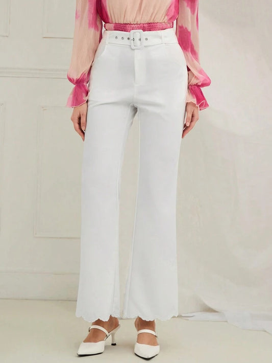 CM-BS067926 Women Elegant Seoul Style Solid Color Embroidery High Waist Belted Flare Leg Pants - White