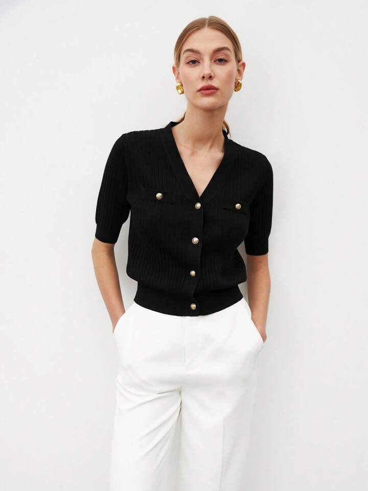 CM-TS542105 Women Casual Seoul Style V-Neck Short Sleeve Button Front Knit Blouse - Black