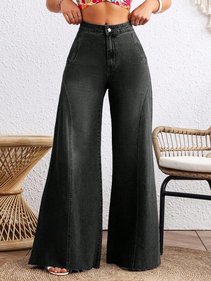CM-BS529624 Women Casual Seoul Style Loose Button Zipper Mom Fit Wide Leg Denim Pants - Black