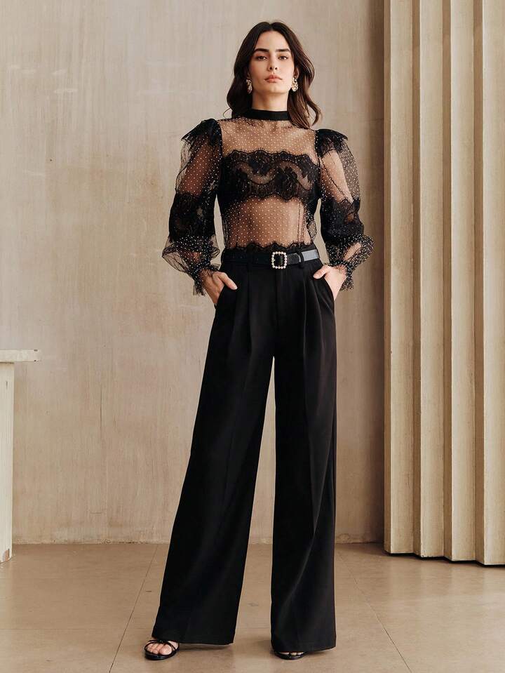 CM-TS524661 Women Elegant Seoul Style Sheer Lace Ruffle Trim Long Sleeve Blouse - Black