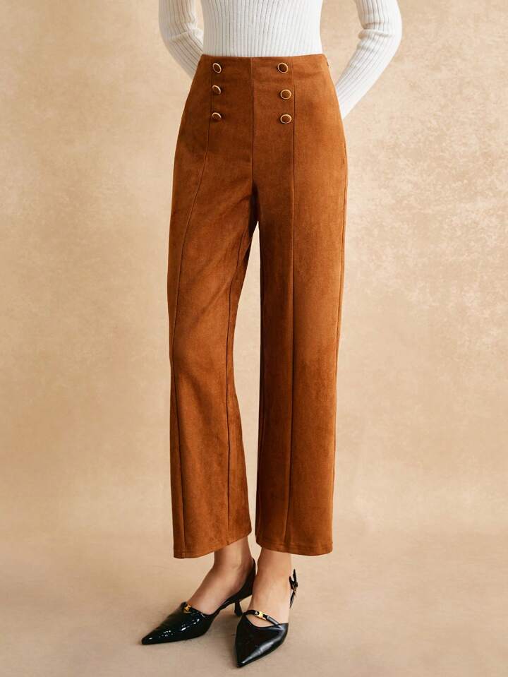 CM-BS014459 Women Trendy Bohemian Style Suede Front Decorative Button Long Pants - Brown