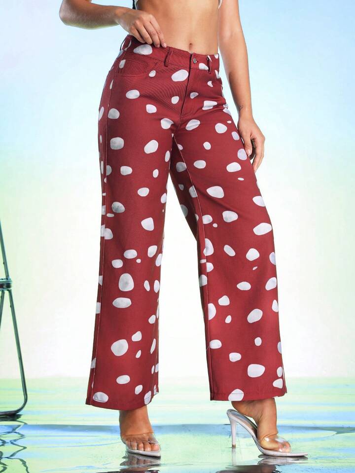 CM-BS490737 Women Casual Seoul Style Drop Waist Polka Dot Print Wide Leg Pants - Red