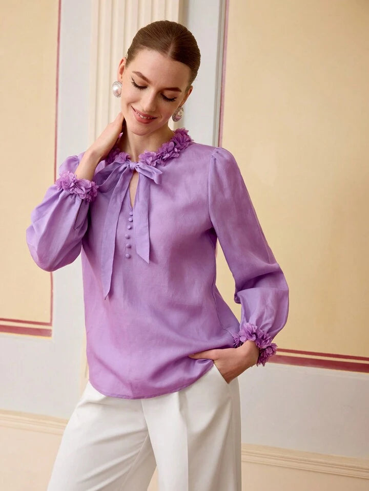 CM-TS111041 Women Elegant Seoul Style Appliques Tie Neck Long Sleeve Linen Blouse - Mauve Purple