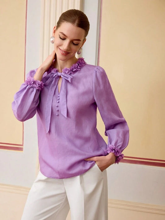 CM-TS111041 Women Elegant Seoul Style Appliques Tie Neck Long Sleeve Linen Blouse - Mauve Purple