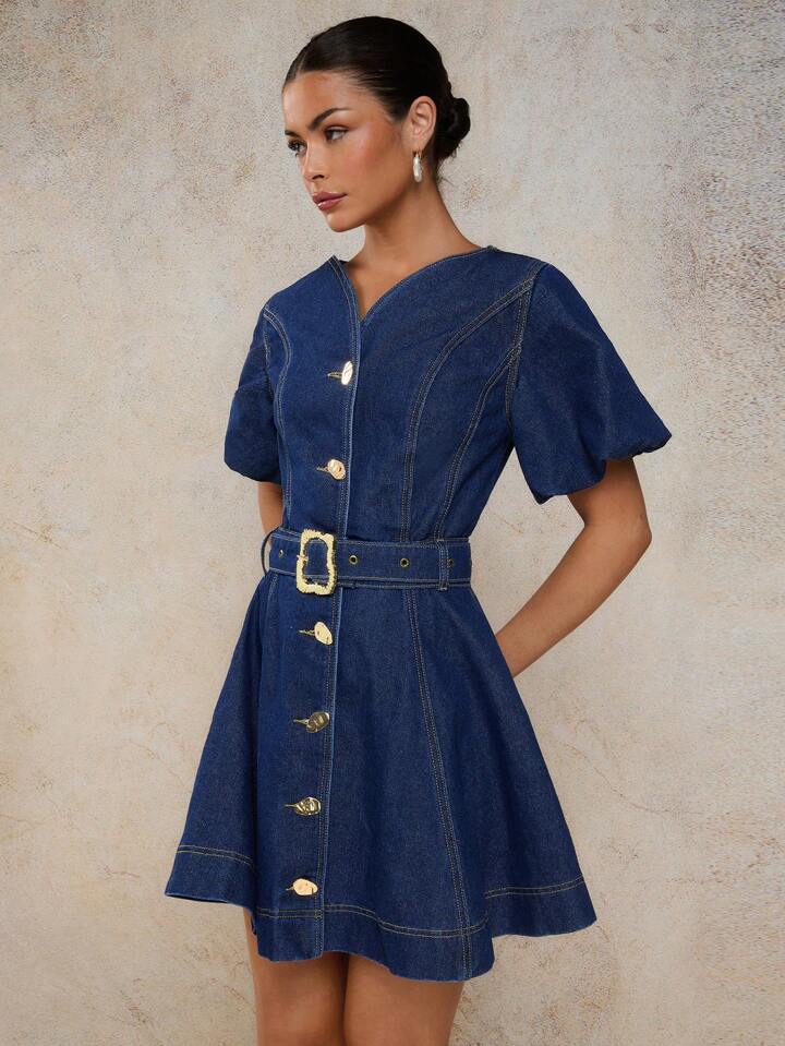 CM-DS515811 Women Casual Seoul Style V-Neck Puff Sleeve Ruched Waist A-Line Denim Dress - Blue