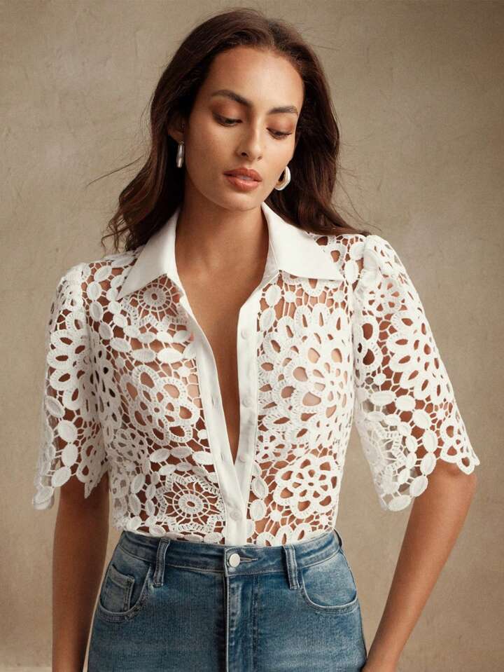 CM-TS423323 Women Casual Seoul Style Collar Neckline Half Sleeve Floral Hollow Out Lace Shirt Blouse - White