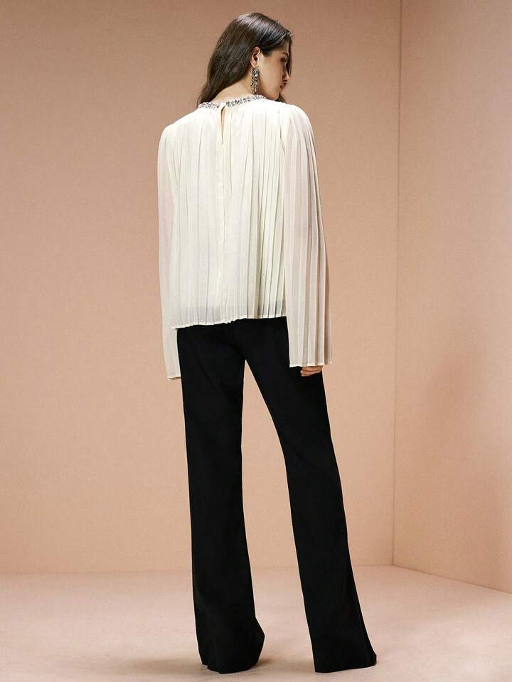 CM-TS001543 Women Elegant Seoul Style Round Neck Long Sleeve Pleated Cutout Rhinestone Embellished Chiffon Top