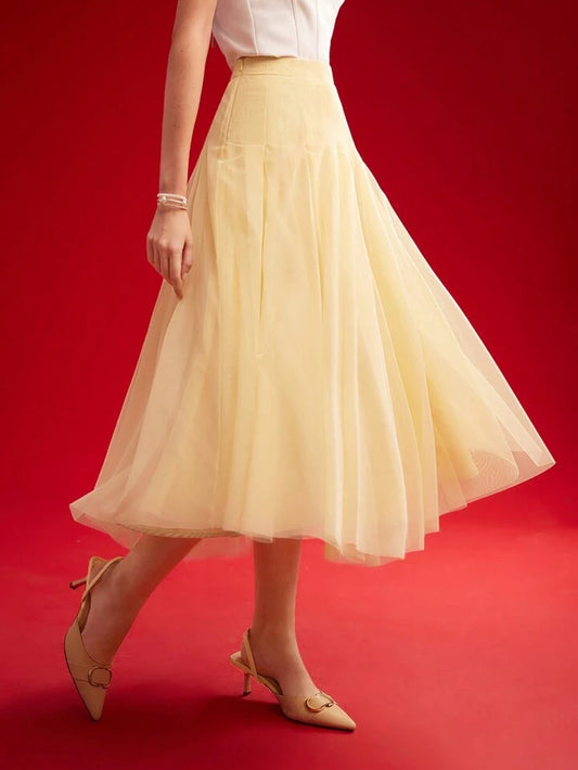 CM-BS708014 Women Elegant Seoul Style Mid Waist Contrast Mesh Flared Skirt - Yellow