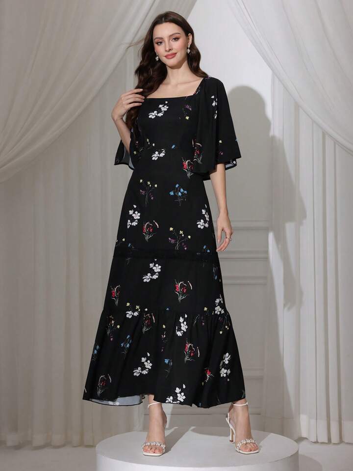 CM-DS851963 Women Elegant Seoul Style Square Neck Flounce Sleeve High Waist Long Dress