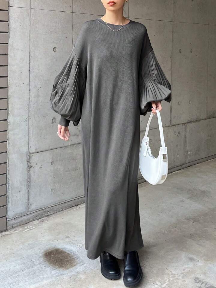 CM-DS455539 Women Casual Seoul Style Solid Color Round Neck Lantern Sleeve Straight Midi Dress - Gray