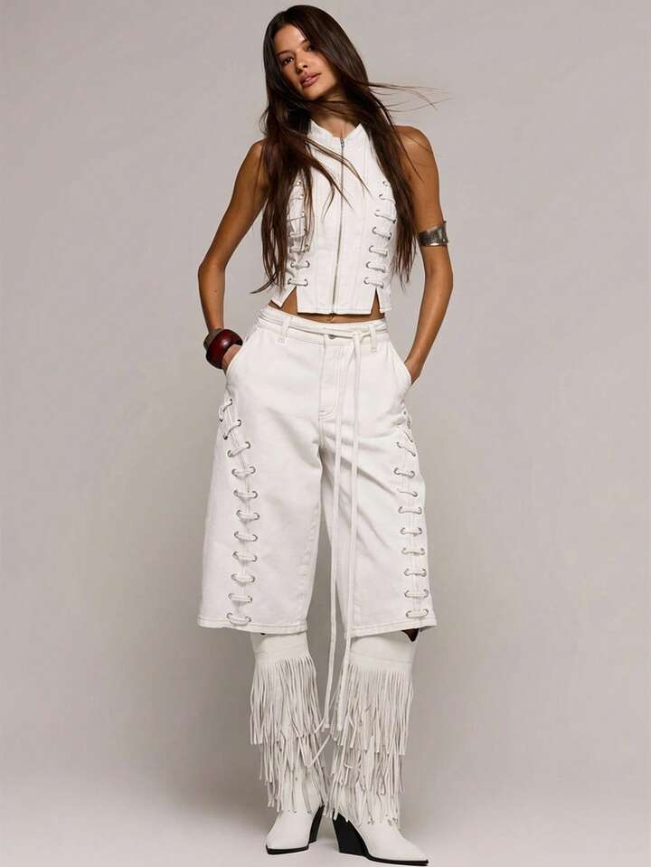 CM-BS282597 Women Casual Seoul Style Low Waist Eyelet Lace Up Loose Fit Denim Jorts - White