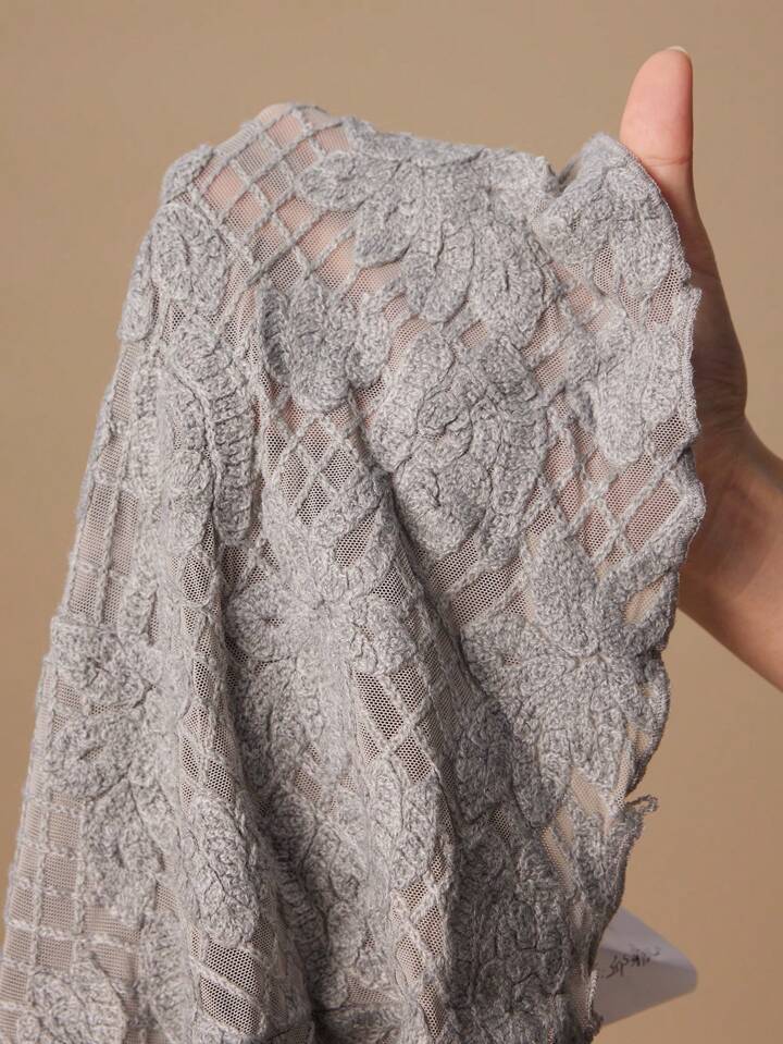 CM-TS324284 Women Elegant Seoul Style Stand Collar Long Sleeve Ruffle Cuff Fitted Crochet Blouse - Gray