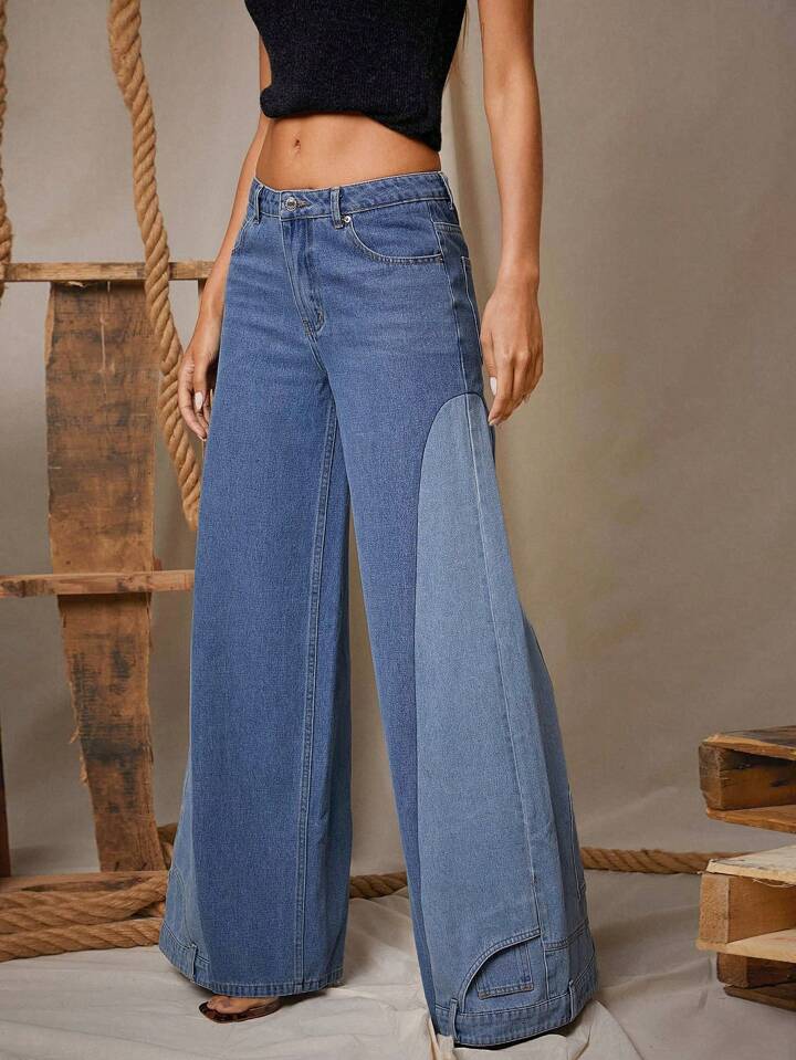 CM-BS105007 Women Casual Seoul Style Loose Pockets Extra Long Wide Leg Jeans - Blue