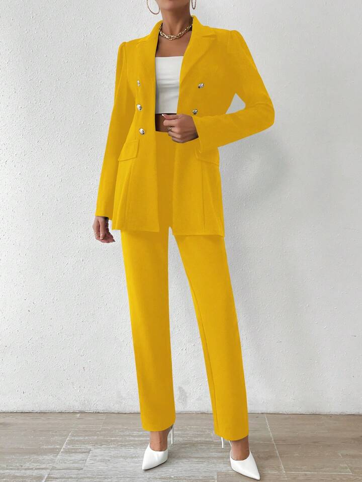 CM-SS464862 Women Elegant Seoul Style Double-Breasted Blazer With Trousers Suit - Yellow