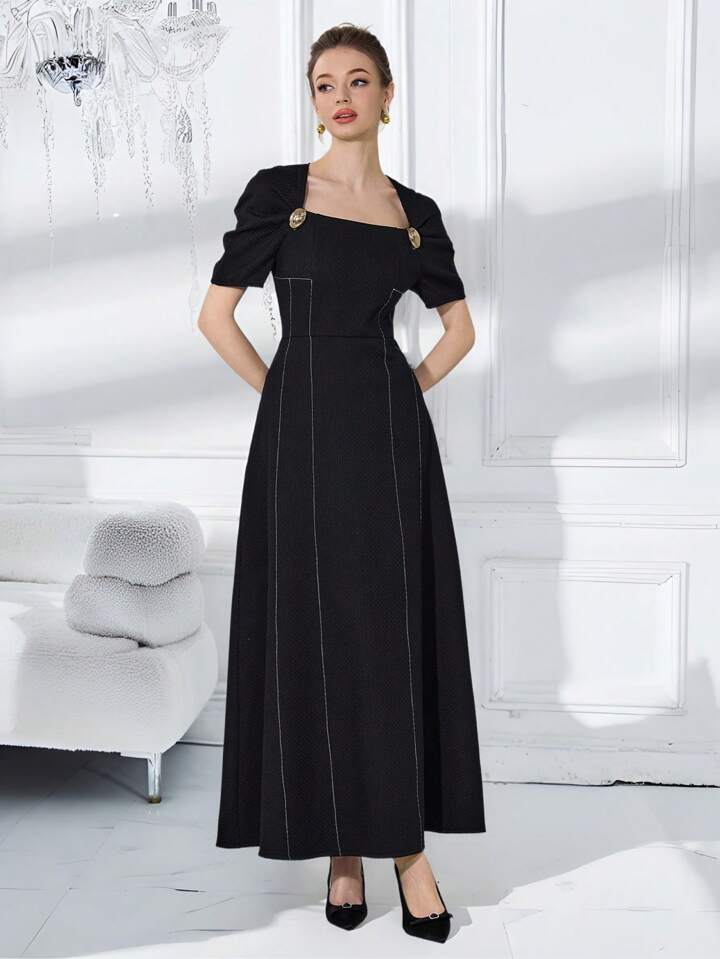 CM-DS920740 Women Casual Seoul Style Square Neck Puff Sleeve High Waist Long Dress - Black
