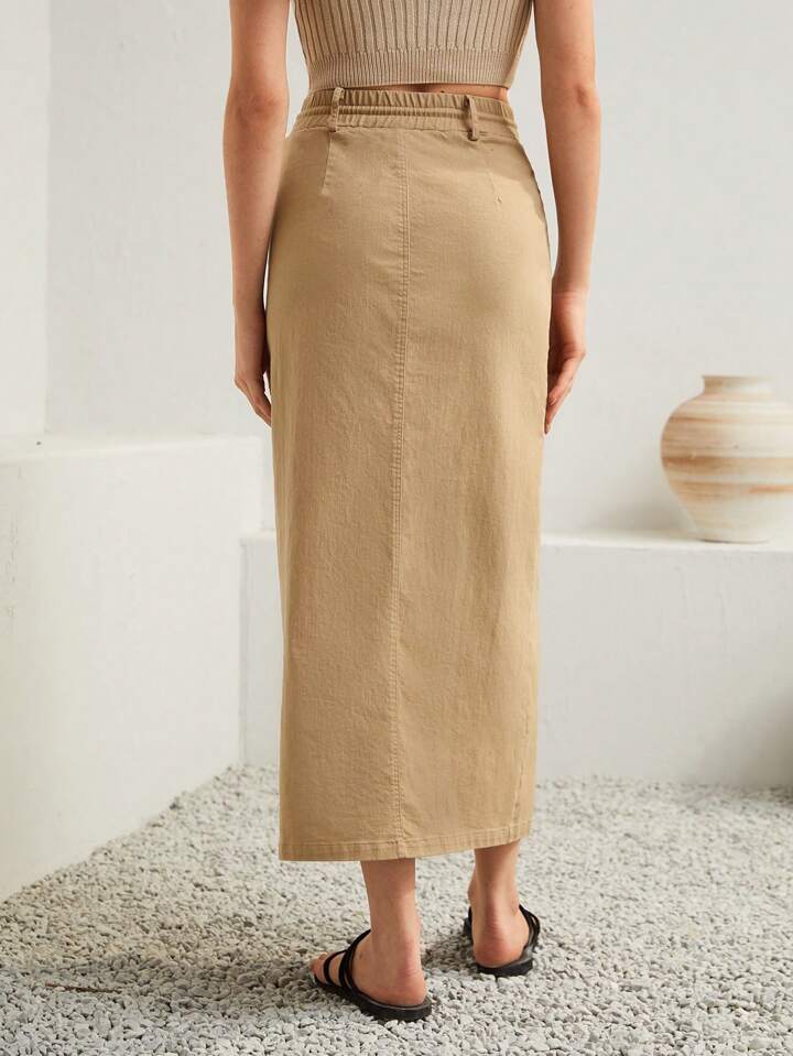 CM-BS276778 Women Trendy Bohemian Style Drawstring Waist Split Thigh Belted Skirt - Khaki