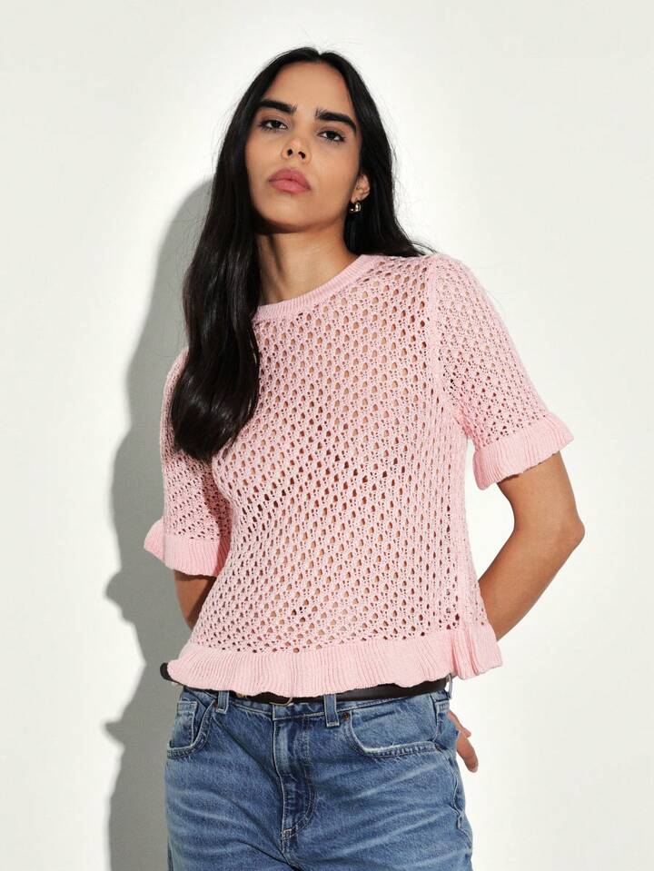 CM-TS524520 Women Casual Seoul Style Round Neck Ruffled Short Sleeve Frilled Edges Crochet Knit Top - Pink