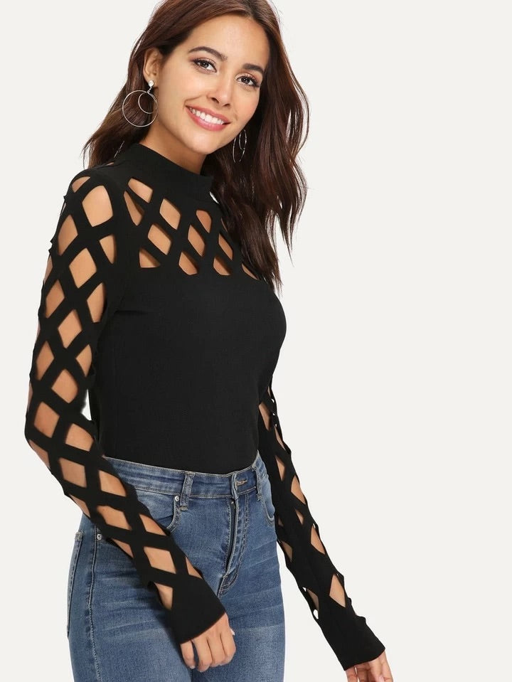 CM-TS502713 Women Casual Seoul Style Mock Neck Cage Yoke Sleeve Top - Black