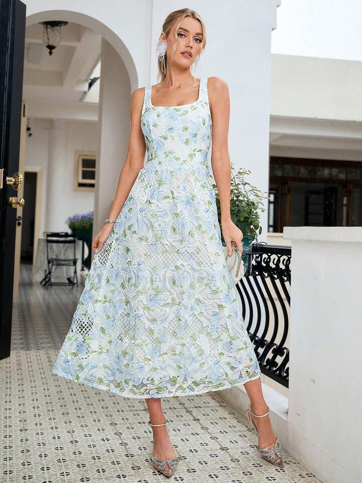 CM-DS452282 Women Elegant Seoul Style Straps Neckline Lace Printed Sleeveless Dress - Blue