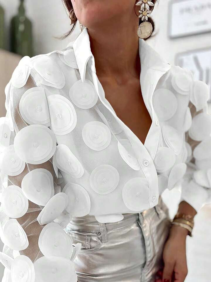 CM-TS948226 Women Elegant Seoul Style 3D Petal Chiffon Hollow Out Lantern Sleeves Shirt - White